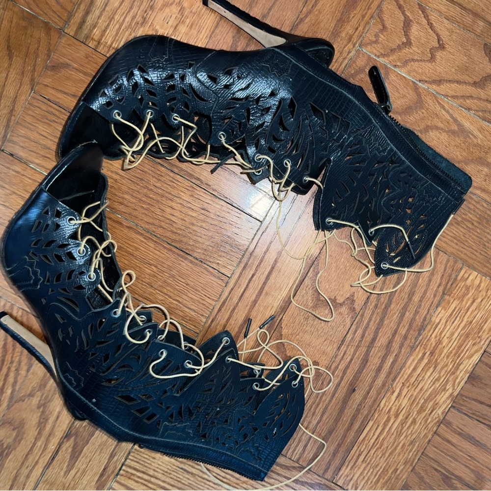 Black Lace-Up Cutout Heels